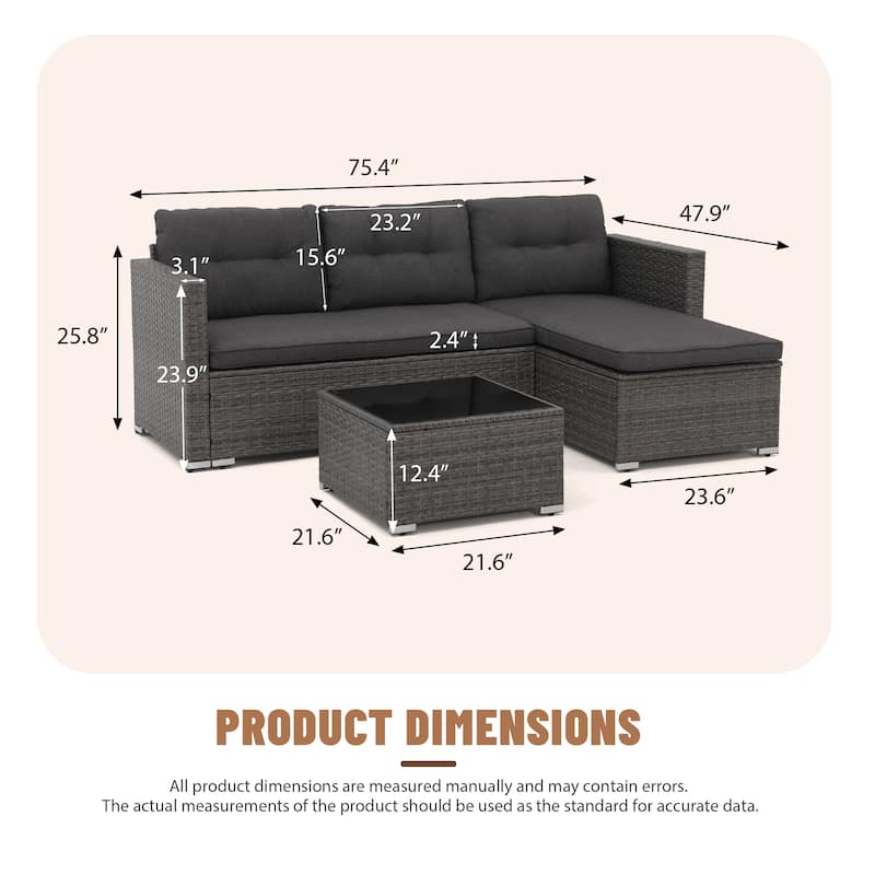 L-Shaped Outdoor Sectional Sofa, PE Wicker Patio Sofa Set with Table and Cushions