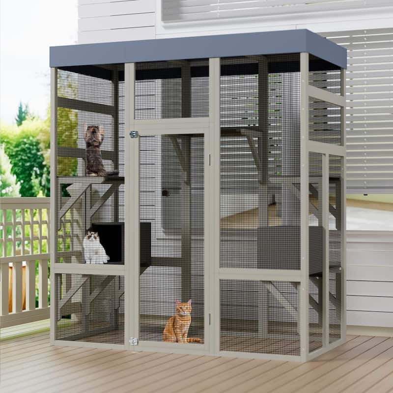 62.6" Outdoor Wooden Cat Enclosure with Roof, Houses & Platforms