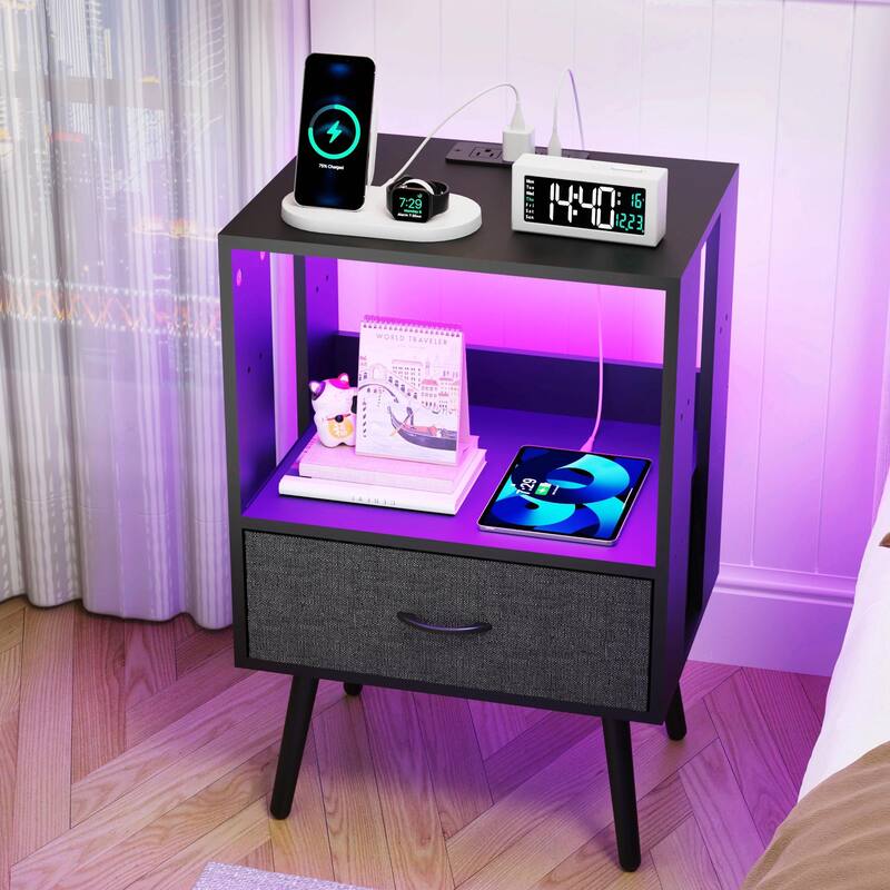 2-Pack LED Nightstands with Charging Station & Fabric Drawers