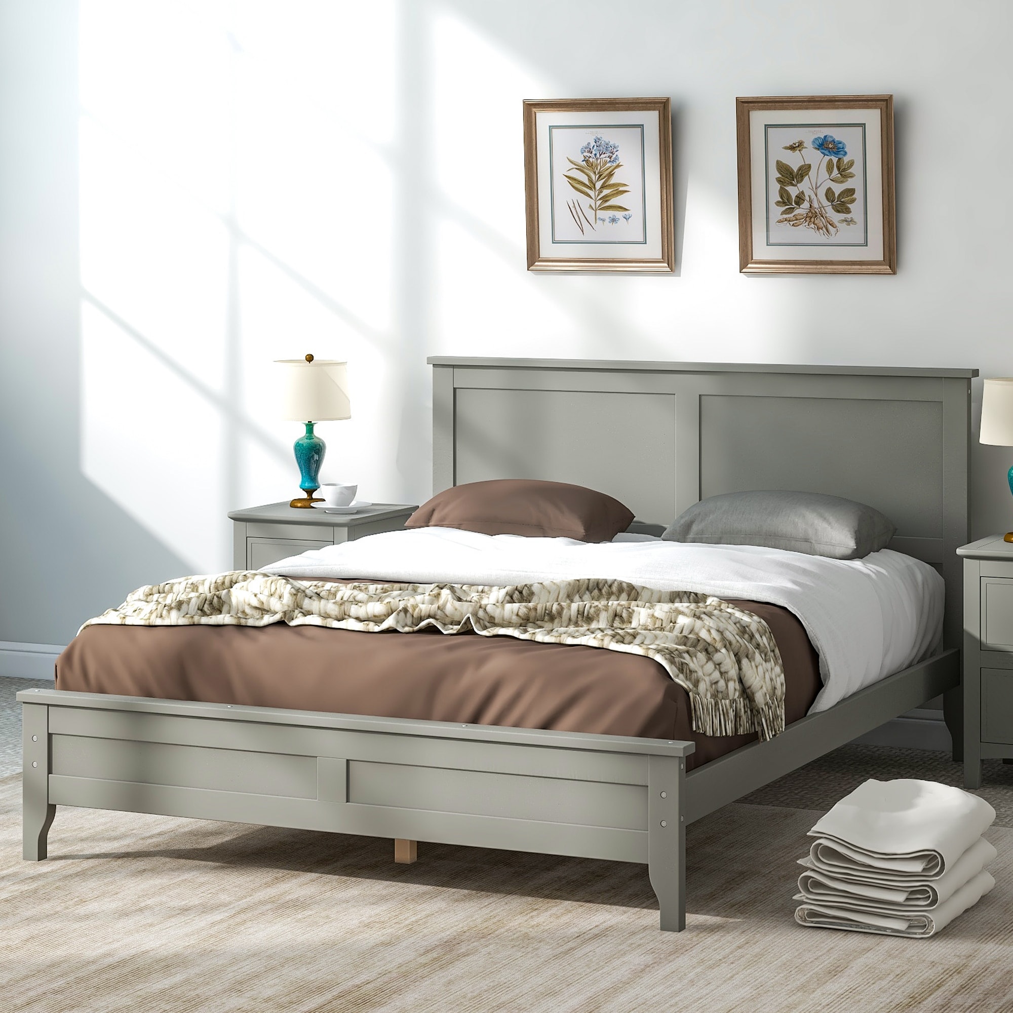 Platform Bed Frame With Headboard/Solid Wood Foundation With Wood Slat ...