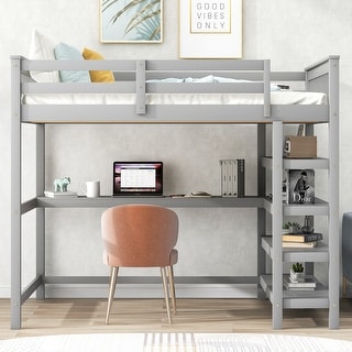 Full Wood Loft Bed with Desk 4 Storage Shelves Under Bed Desk
