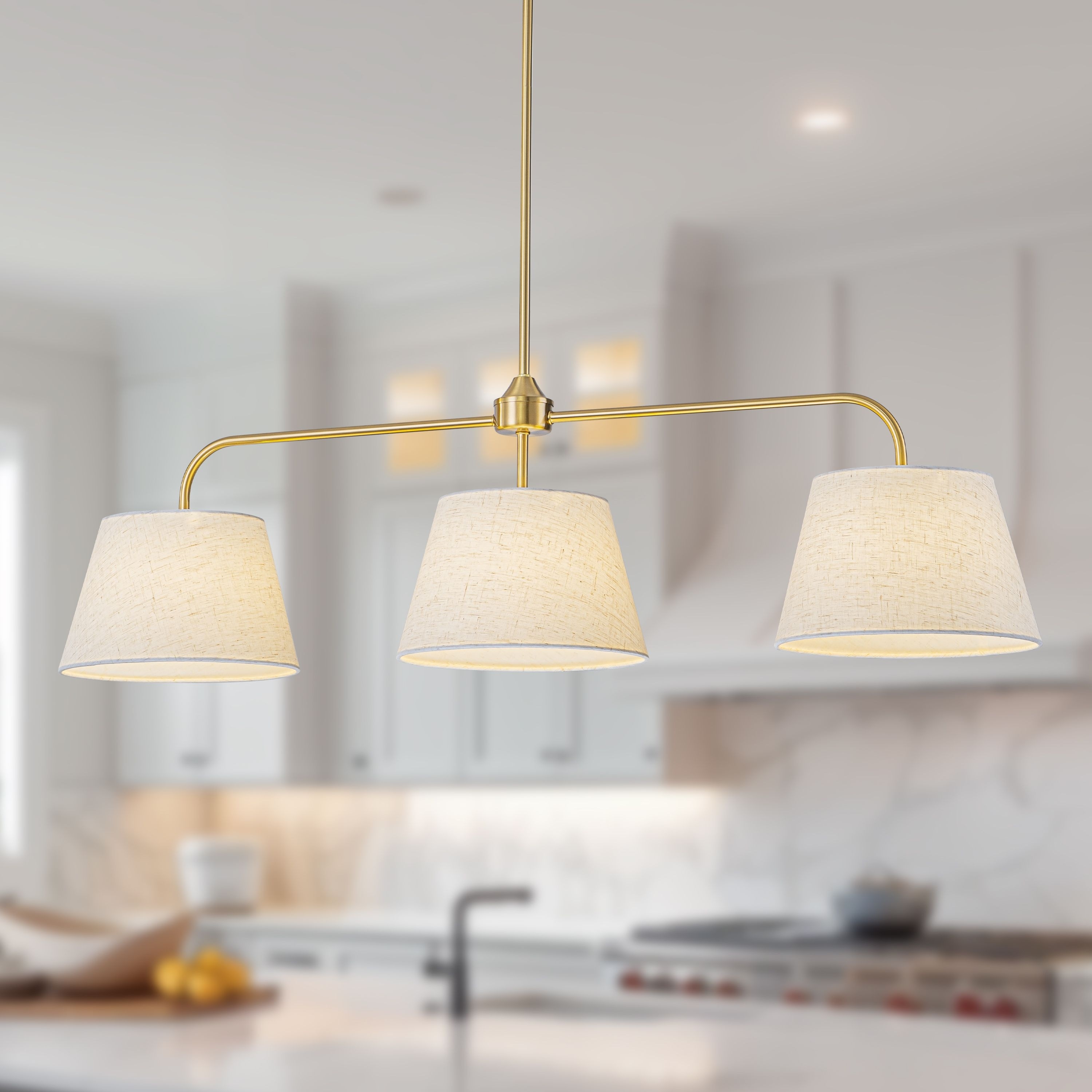 Starsky 3-Light Modern White Linear Drum Fabric Kitchen Island Light