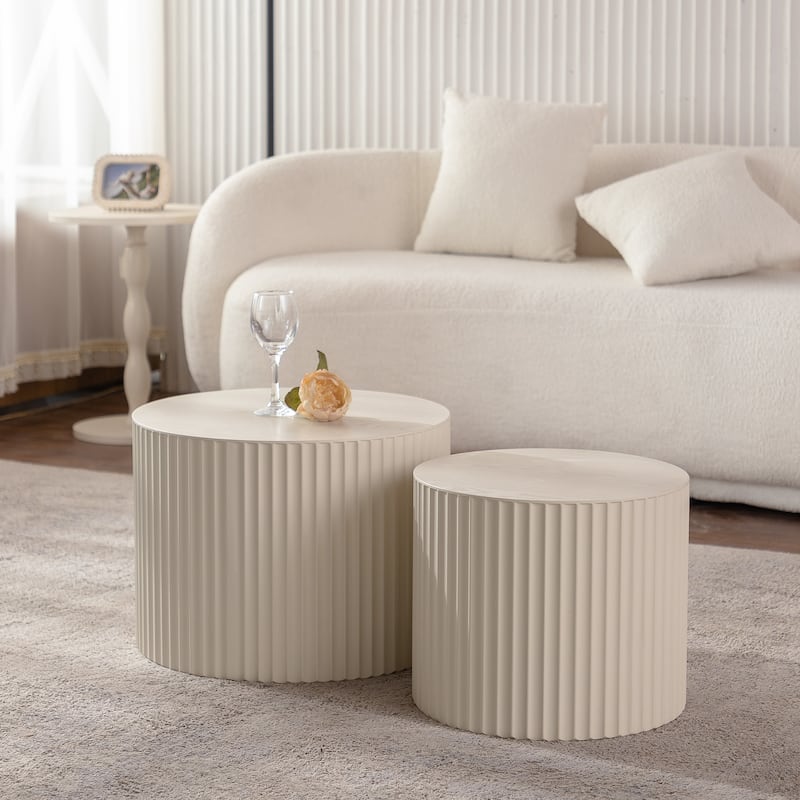 GDFStudio - Set of 2 Modern Wave Stripe Nesting Coffee Table Round Drum Accent Tables