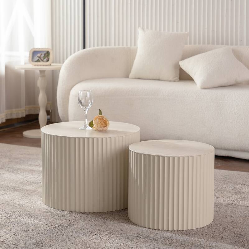 Modern Round Wood Coffee Table Stylish Coffee Table with Hand-Carved Relief and Base, for Living Room