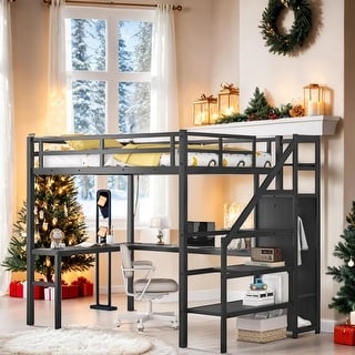Full Size High Loft Bed with L-shaped Desk and USB, with Wardrobe and Adjustable Shelf, with LED for Kids Teens Adults,Black