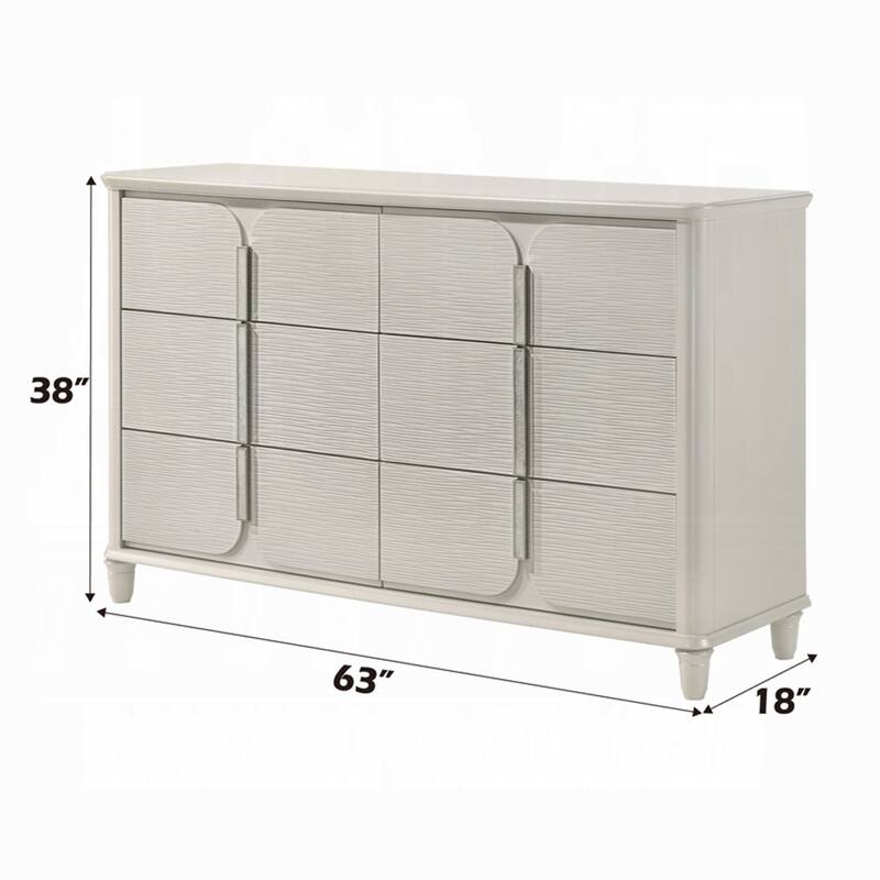 Veda Wide Dresser, Luxurious Pearl White Wood Finish, 6 Modern Drawers