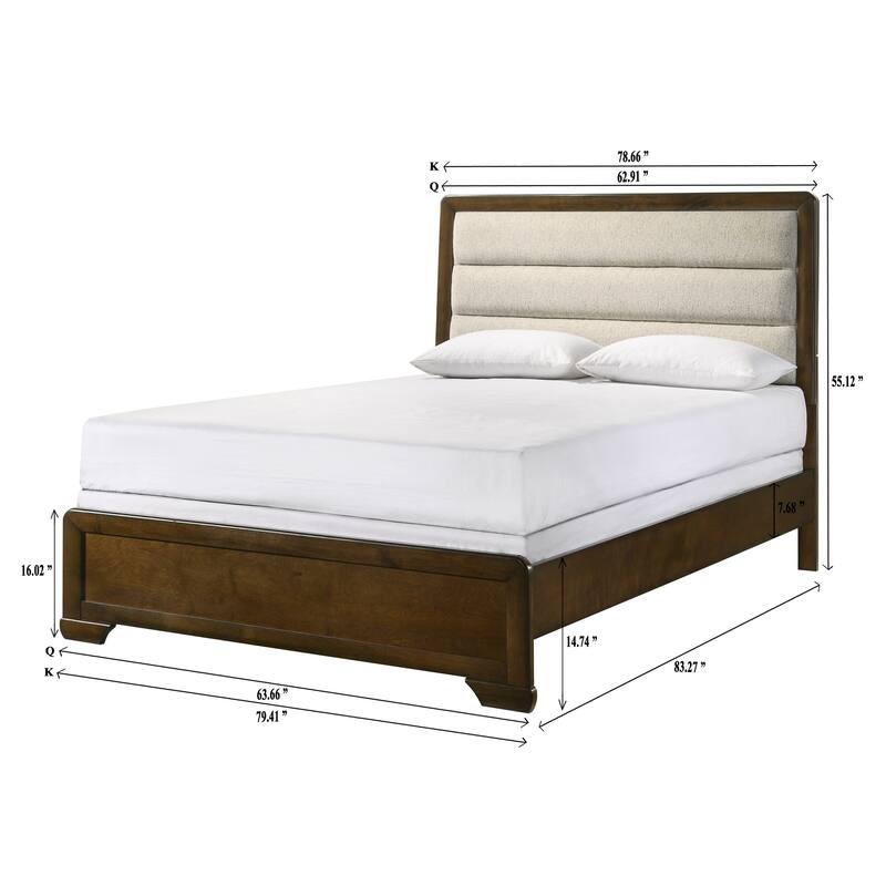 Queen Size Wood Panel Bed with Upholstered Headboard and Channel Tufting