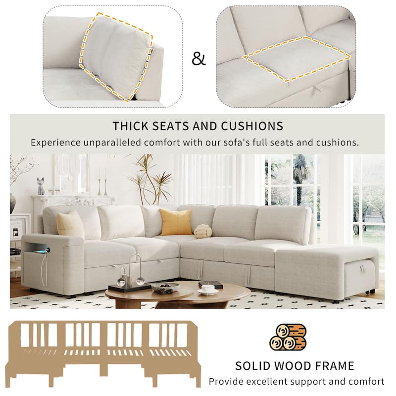 Convertible Sleeper Sectional Sofa with Pull-Out Bed & Storage, L-Shape Modular Sofa with Ottoman, USB Ports & Cup Holders