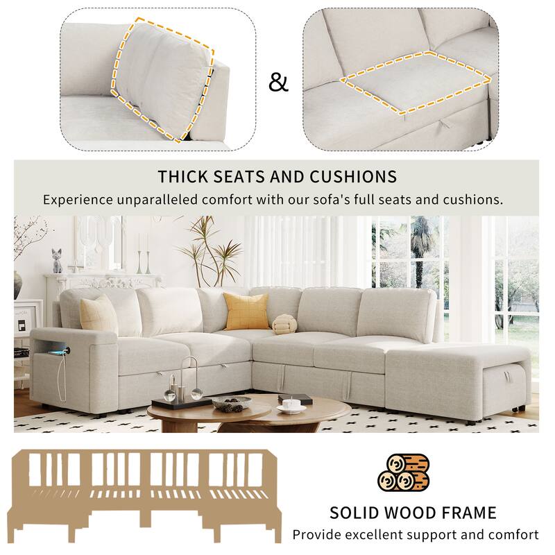 Modern L-shaped Modular Sofa with Storage Space and USB Ports and Cup Holders on the Armrestsfor Living Rooms and Offices