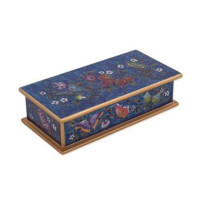 Handmade Butterfly Jubilee In Cyan Reverse Painted Glass Decorative Box (Peru) - 2" H x 7.75" W x 3.9" D