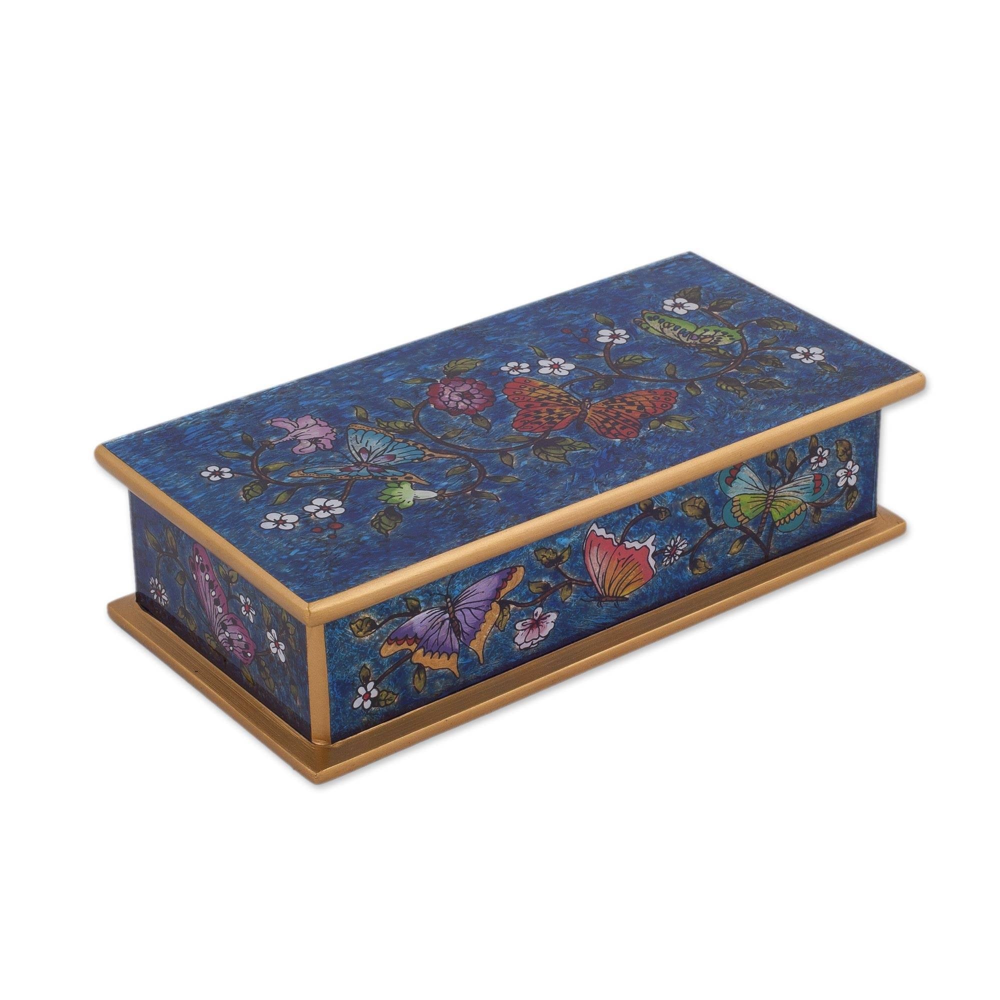 Handmade Butterfly Jubilee In Cyan Reverse Painted Glass Decorative Box (Peru) - 2" H x 7.75" W x 3.9" D