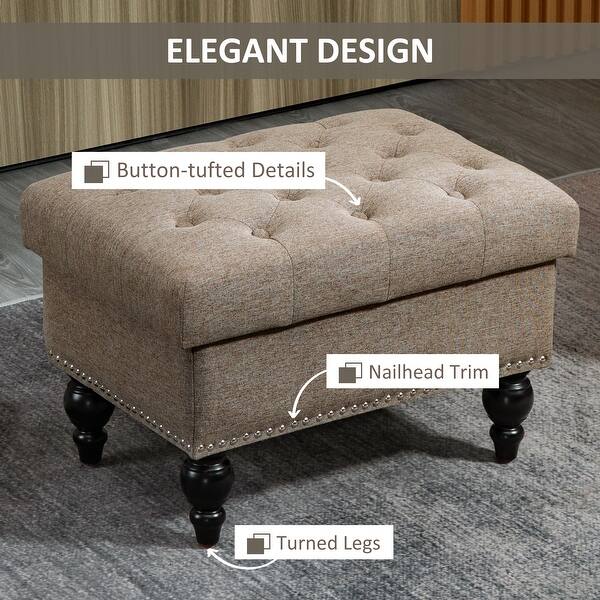 dimension image slide 5 of 7, HOMCOM Storage Ottoman with Removable Lid, Button-Tufted Fabric Bench for Footrest and Seat with Wood Legs