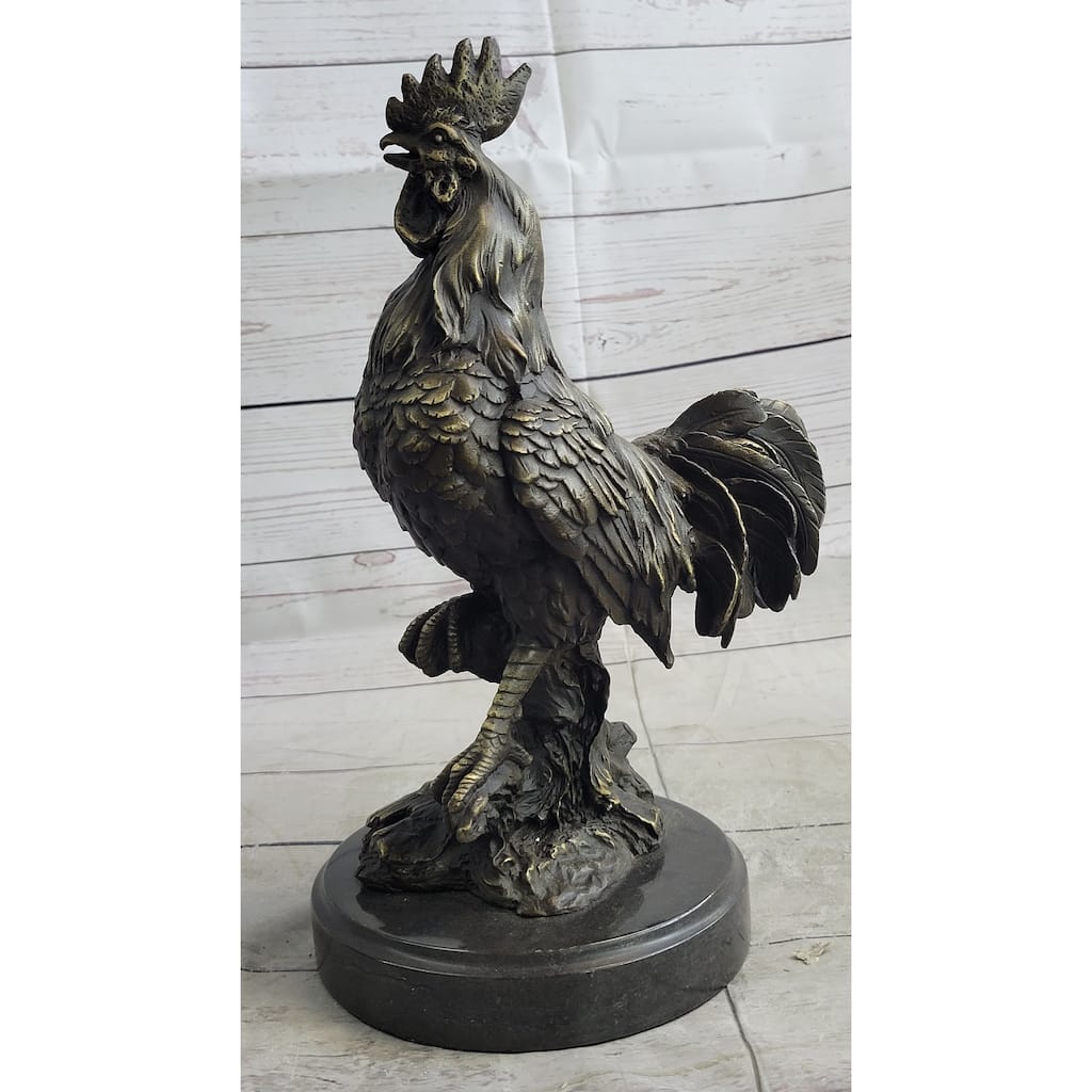 Rooster Chicken Farm Bronze Sculpture Statue Figure On Marble Base Signed Art Decor