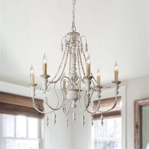 Mid-century Antique White 6-Light Distressed Wood Empire Chandelier - 29.52-in W x 31.49 -in H