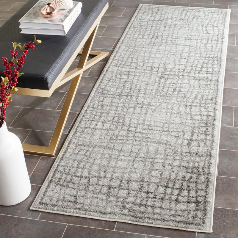 SAFAVIEH Adirondack Abstract Grid Distressed Rug - 2'6" x 10' Runner - Silver/Ivory