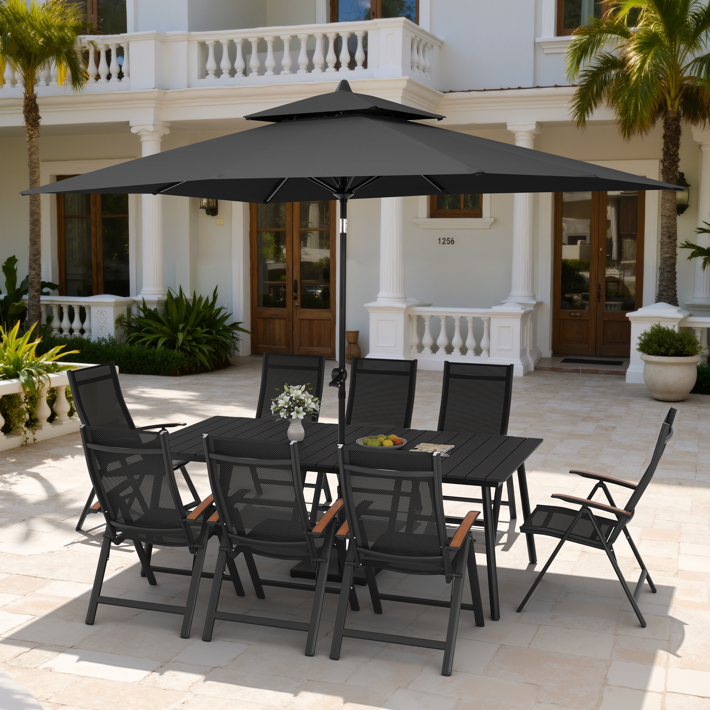 11PC Outdoor Patio Dining Set Wood-Like Aluminum Umbrella Hole Table with Folding Chairs,Double Top Market Umbrella and Base