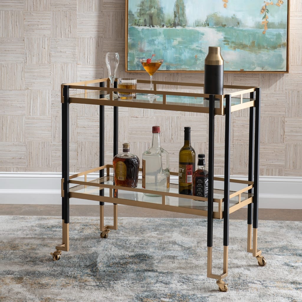 Tempered Glass Top Rectangular Bar Cart - 32.75" - Gold and Black