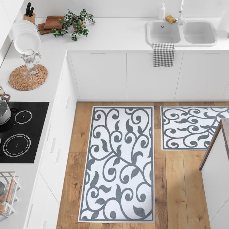 Non Skid Washable Kitchen Runner Rugs Set of 2 - Area Rugs for Kitchen, Laundry Room - Set of 2 - Leaves White