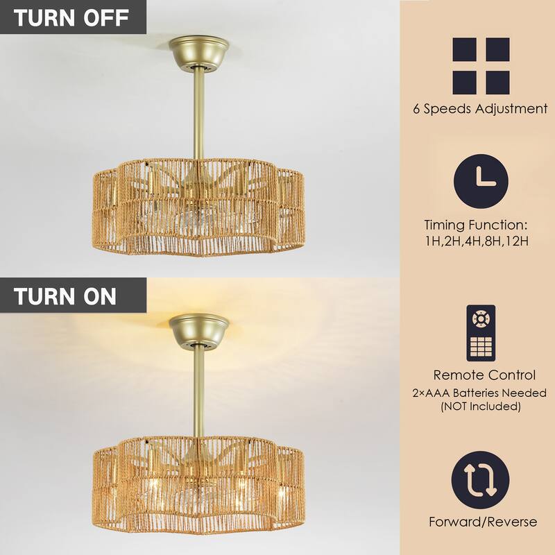 6-Light 19.6" Farmhouse Boho Gold and Brown 7-Blade Geometric Drum Ceiling Fan Lighting with Remote Included