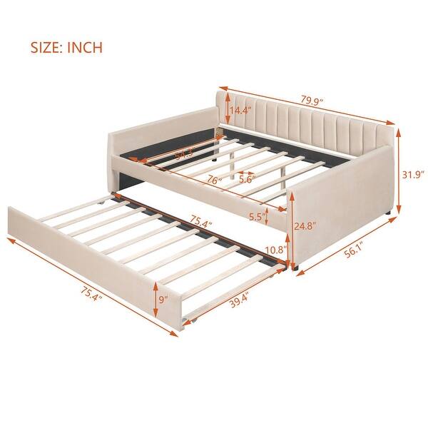 dimension image slide 0 of 2, Upholstered Full Velvet Daybed with Trundle and Wood Slat Support