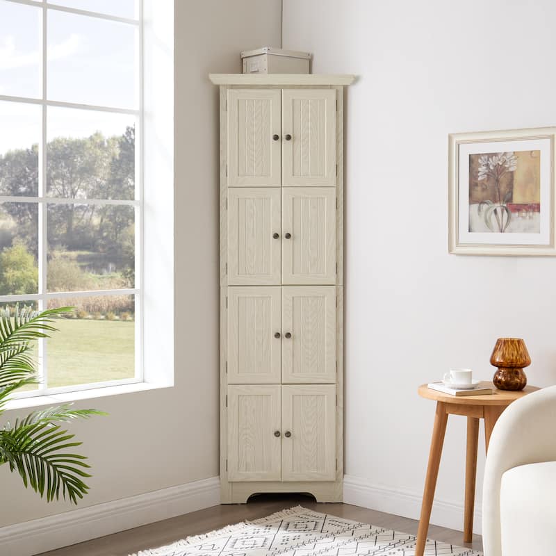 GDF Studio - Farmhouse Corner Cabinet Tall 4-Tier Storage Pantry with 8 Doors. - White.
