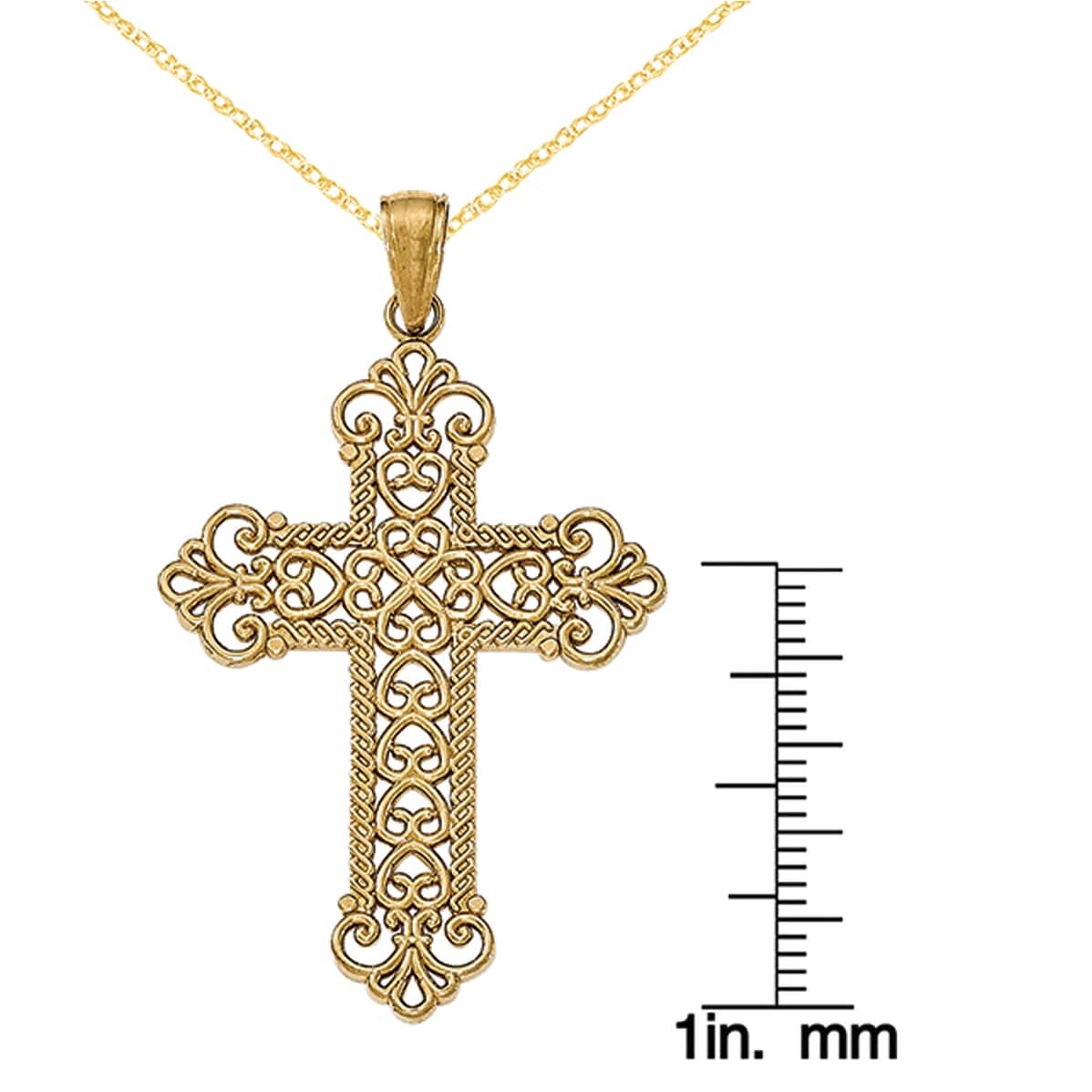 14K Yellow Gold Polished Large Rope Frame Filigree Cross Pendant with  18-inch Cable Rope Chain by Versil