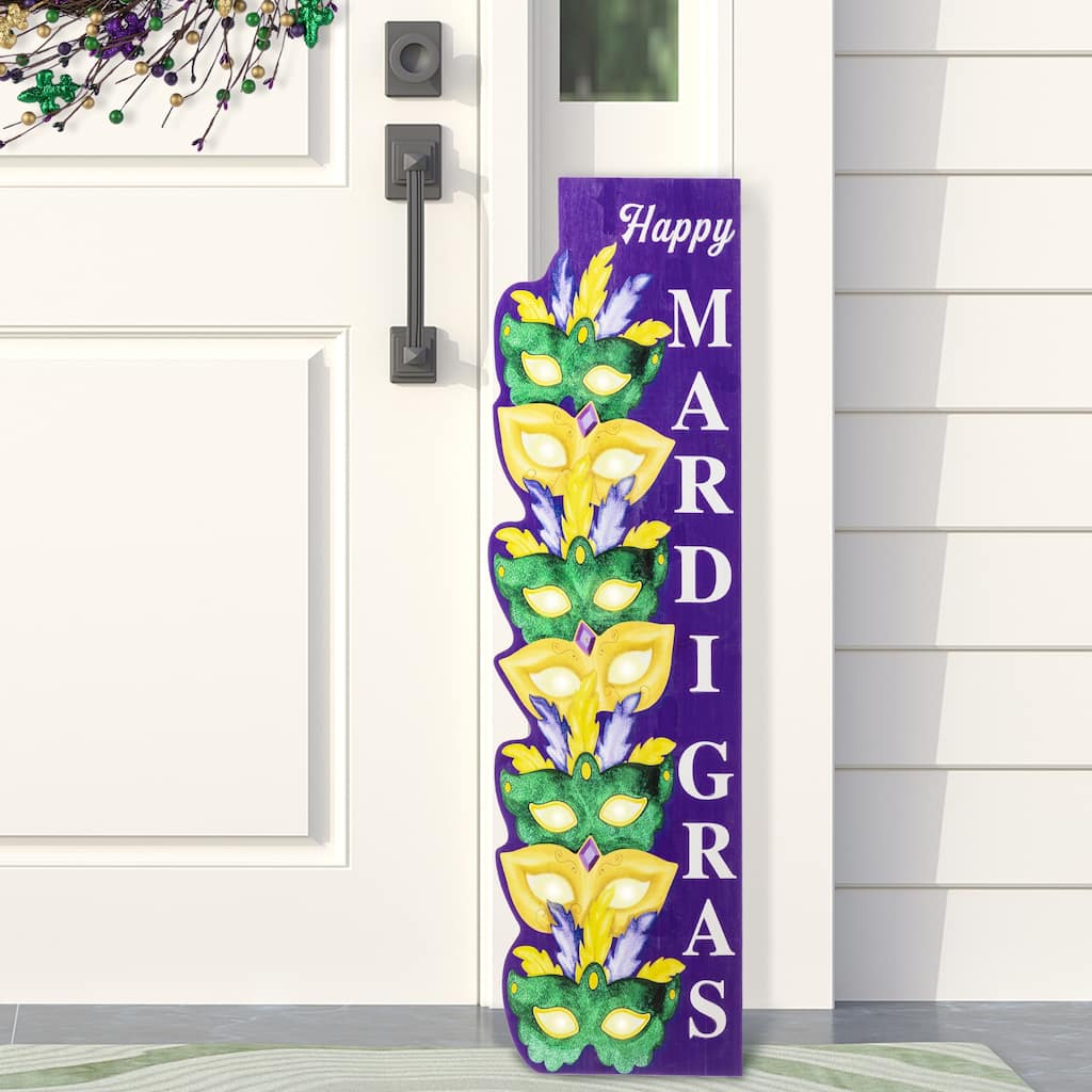 Glitzhome 41.75"H Mardi Gras Lighted Wooden Stacked Masks Porch Decor w/Timer
