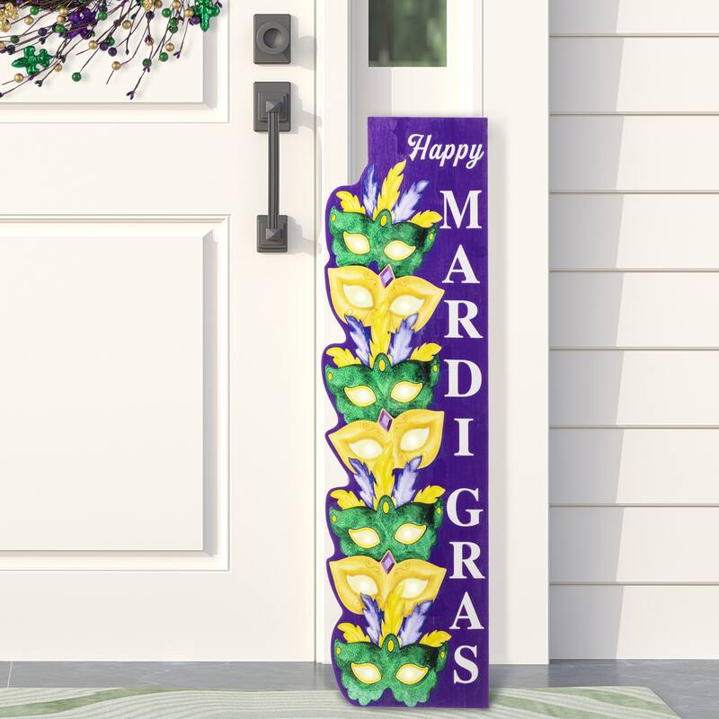 Glitzhome 41.75"H Mardi Gras Lighted Wooden Stacked Masks Porch Decor w/Timer