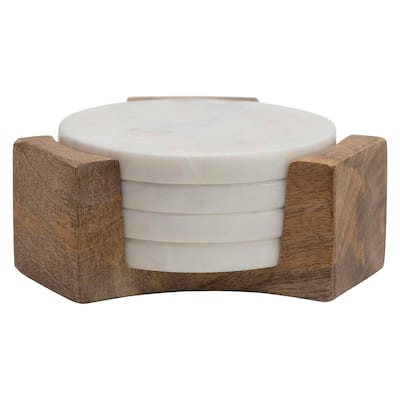 Round Marble Coasters with Mango Wood Holder - 5.0"L x 5.0"W x 2.5"H