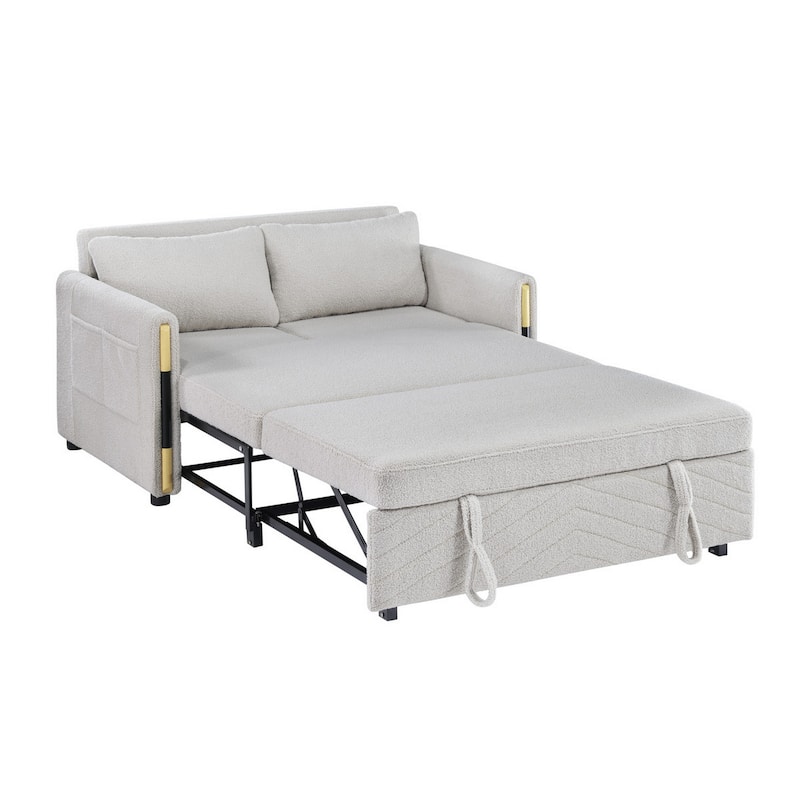 Pcy 56 Inch Sleeper Loveseat with Side Pockets, Beige Teddy Velvet, Wood