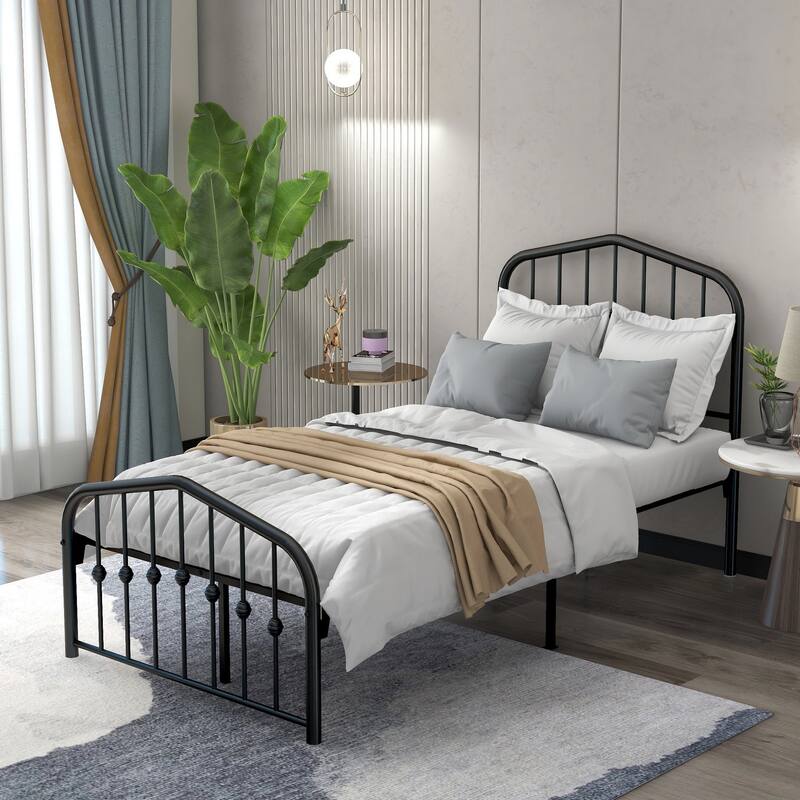 Alazyhome Platform Metal Bed Frame with Headboard, Iron Slat Support