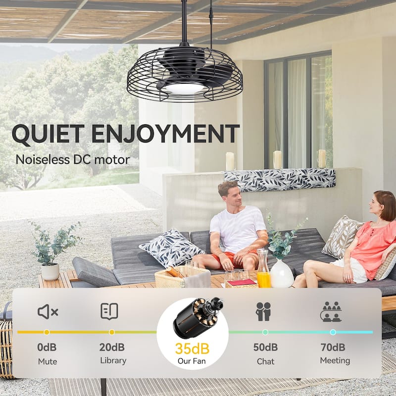 19" Industrial Black Indoor/Outdoor Chandelier Caged Ceiling Fan with Light and Remote