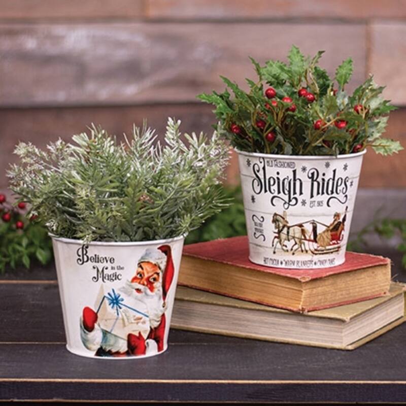 Old Fashioned Sleigh Rides White Metal Bucket Vintage Decor