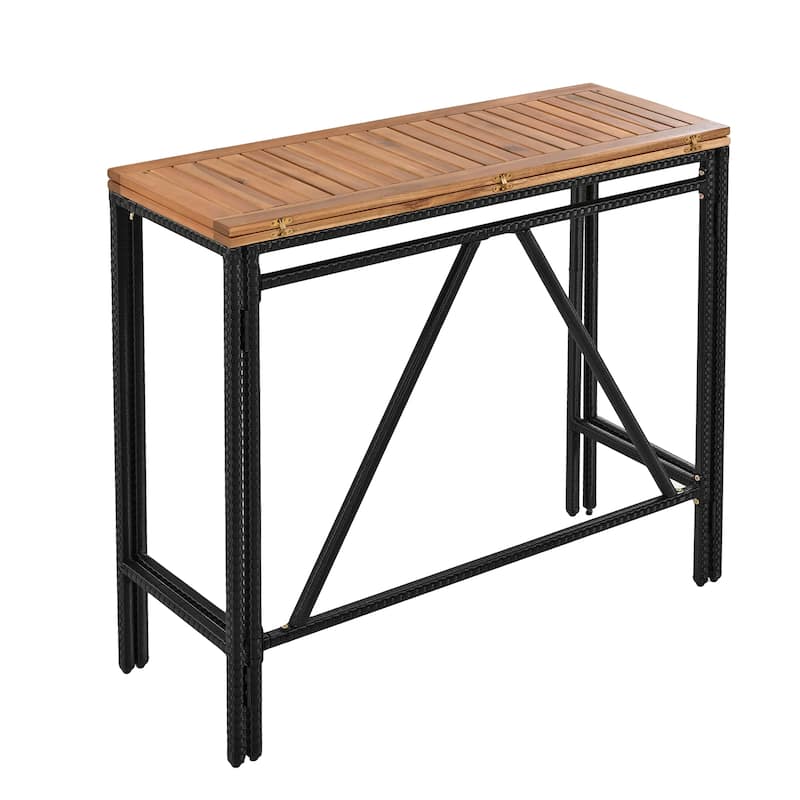 10 Piece Acacia Wood Outdoor Bar Height Table and Stools with Cushions, All Weather PE Wicker Dining Table, Foldable Tabletop