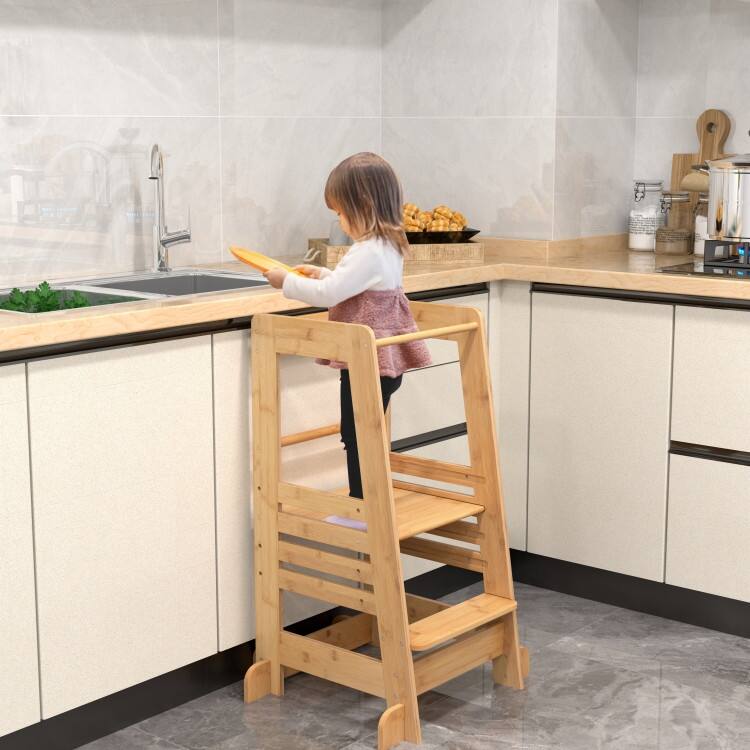 Natural Wicker Adjustable Step Stool for Kids Safe Standing Platform - 21" x 19.5" x 36"