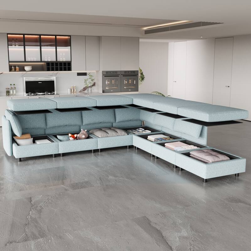 Blue 129'' Convertible 8-Seat Modular Sectional Sofa with Storage Ottoman, Comfortable Sleeper Options