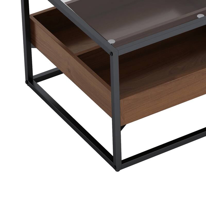 Glass Coffee Table with storage shelf and metal table legs