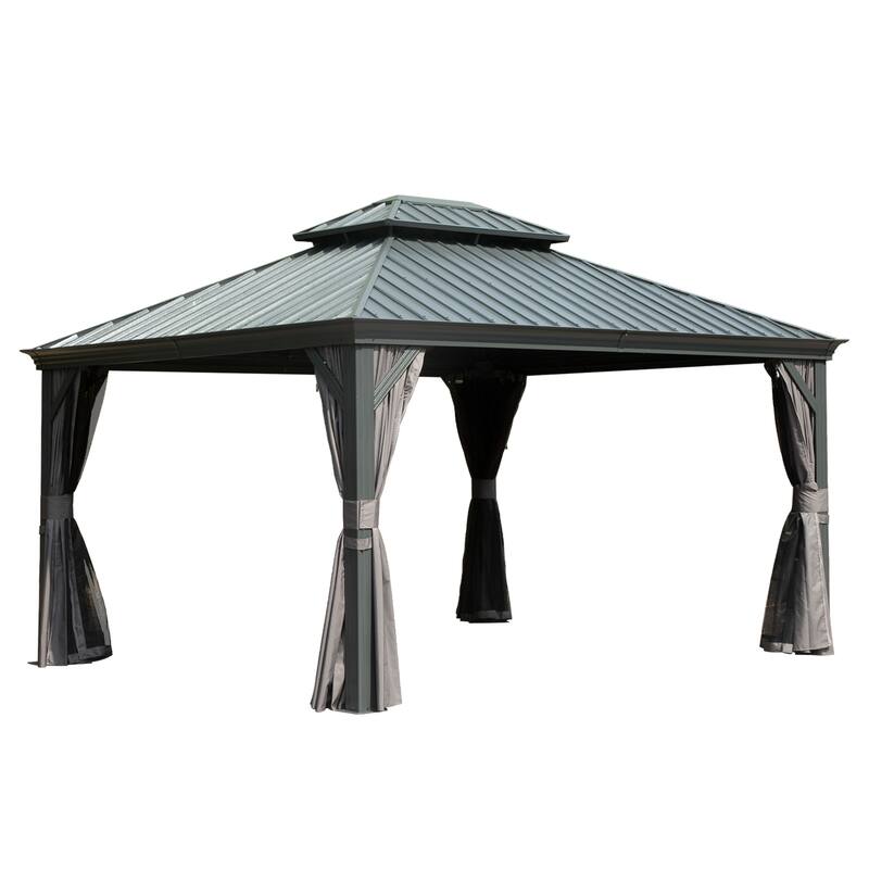 10' X 14' Hardtop Gazebo with Galvanized Steel Roof, Aluminum Frame, Curtains, and Netting for Outdoor Use