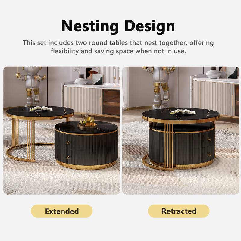 Modern Round Nesting Coffee Table Set of 2 with Drawers. MDF Top and Gold Metal Legs. Space Saving Accent Tables