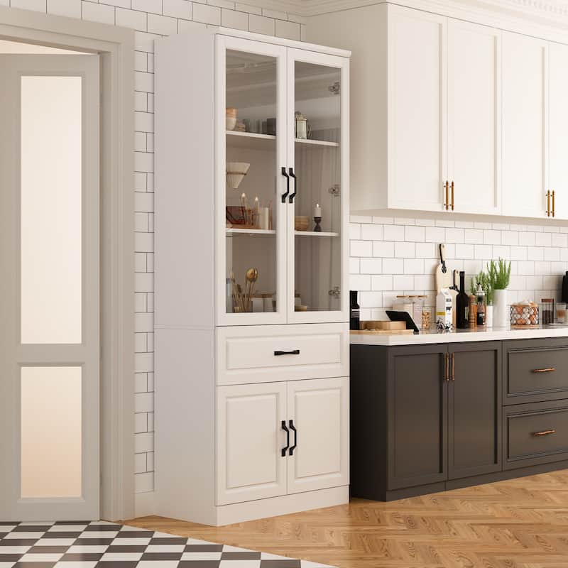 Large White Buffet Elegant Kitchen Cabinet with Glass Doors Dislplay - 31.5"