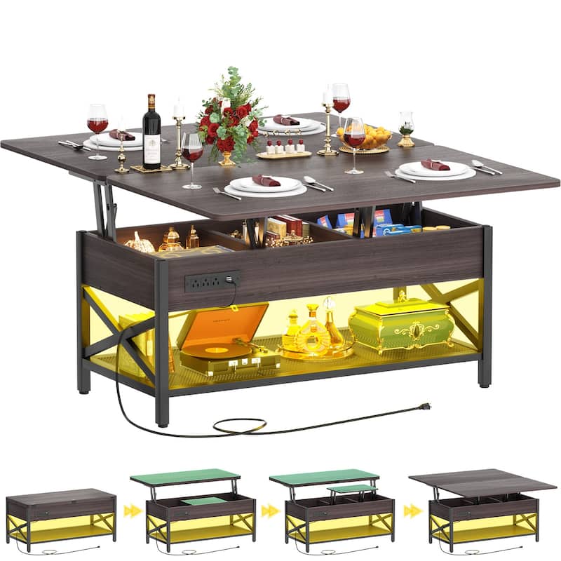 Americana Lift Top Multi-Function Coffee Table Converts to Dining Table with LED Light and Power Outlet