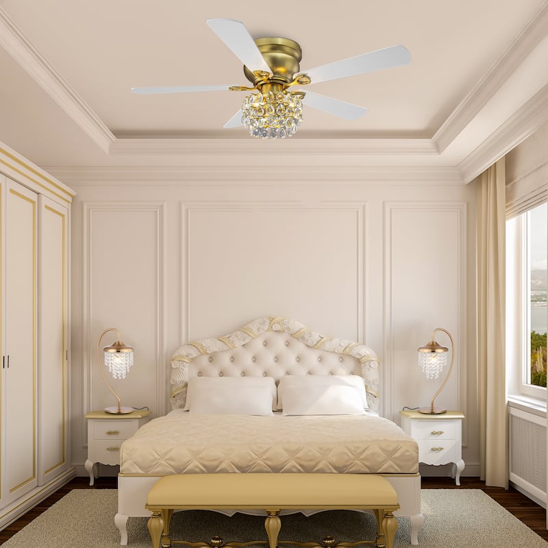 48-inch Modern Brass Crystal Low Profile Chandelier Ceiling Fan with Light and Remote Control - 48"Wx15.1"H