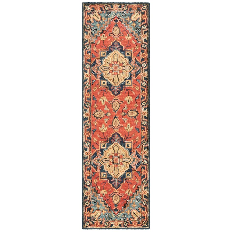SAFAVIEH Handmade Heritage Shena Traditional Wool Rug - 2'3" x 14' Runner - Red/Navy - Runner