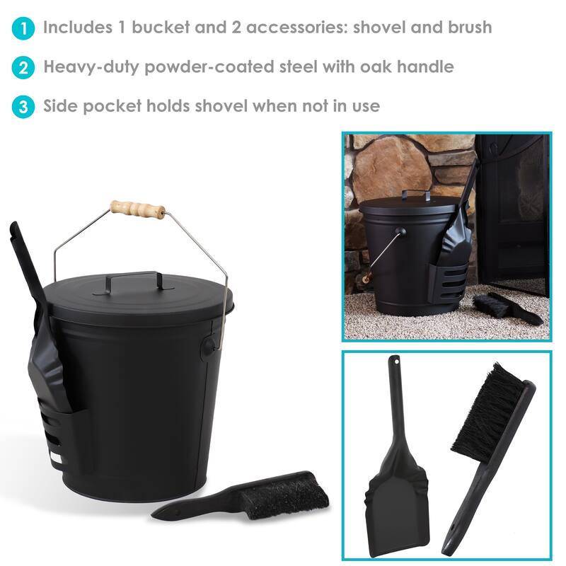 Steel Fireplace Ash Bucket with Lid, Shovel and Brush