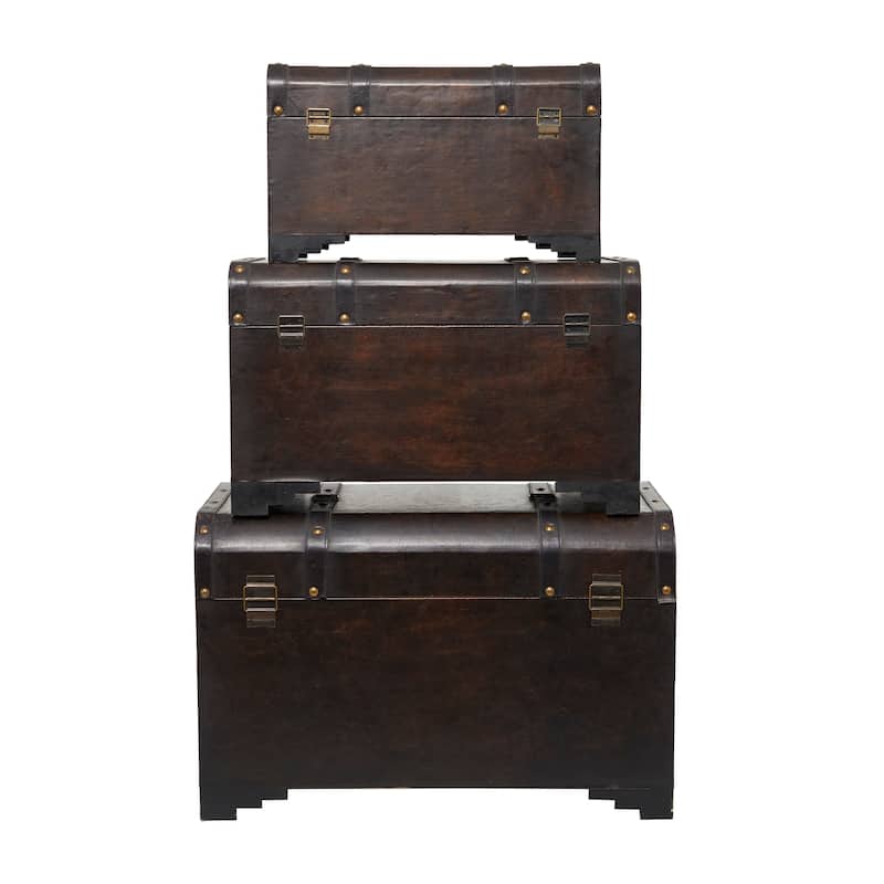 Wooden Nesting Upholstered Trunk with Vintage Accents and Studs - Set of 3 Brown - Roche River Decor - 16"Wx28"Lx19"H