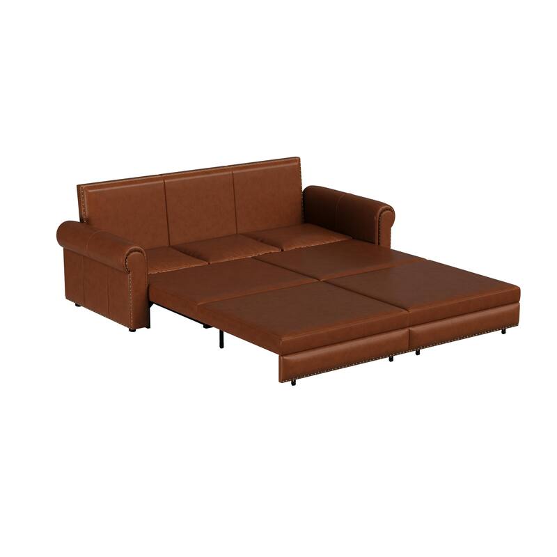 3-in-1 Faux Leather Convertible Loveseat Sleeper Sofa, 93.7" Oversized Pull Out Sofa Bed with Nailhead Trim & Rolled Arms