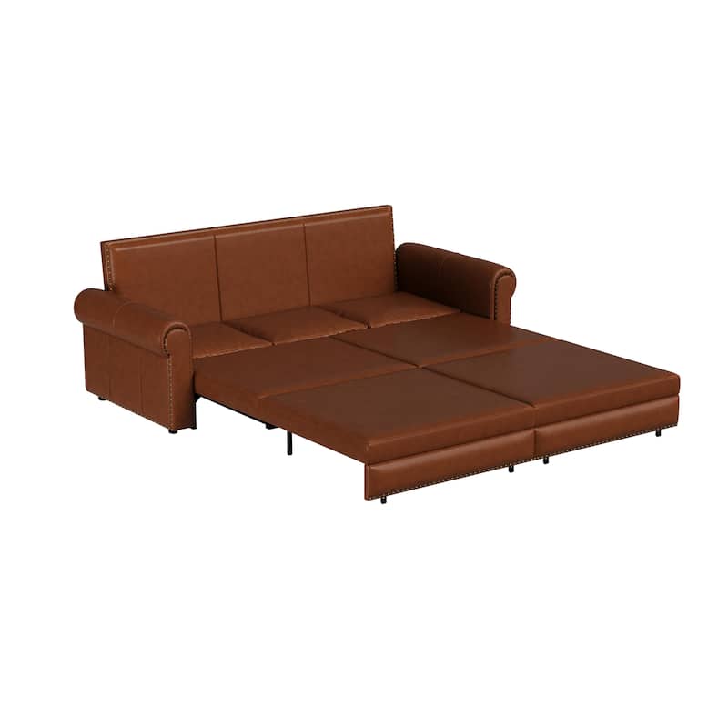 93.70"Faux Leather 3-Seater Sleeper Sofa Bed with Chaise, Retro Style with Rivet Trim