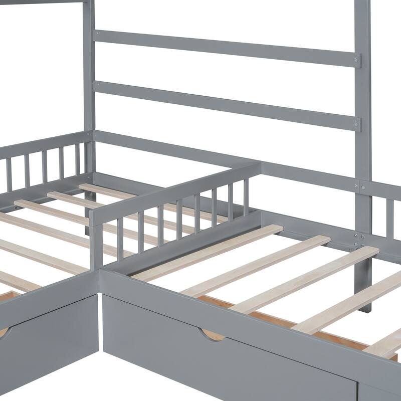 Double Twin L-Shaped House Platform Bed with Drawers and Guardrail