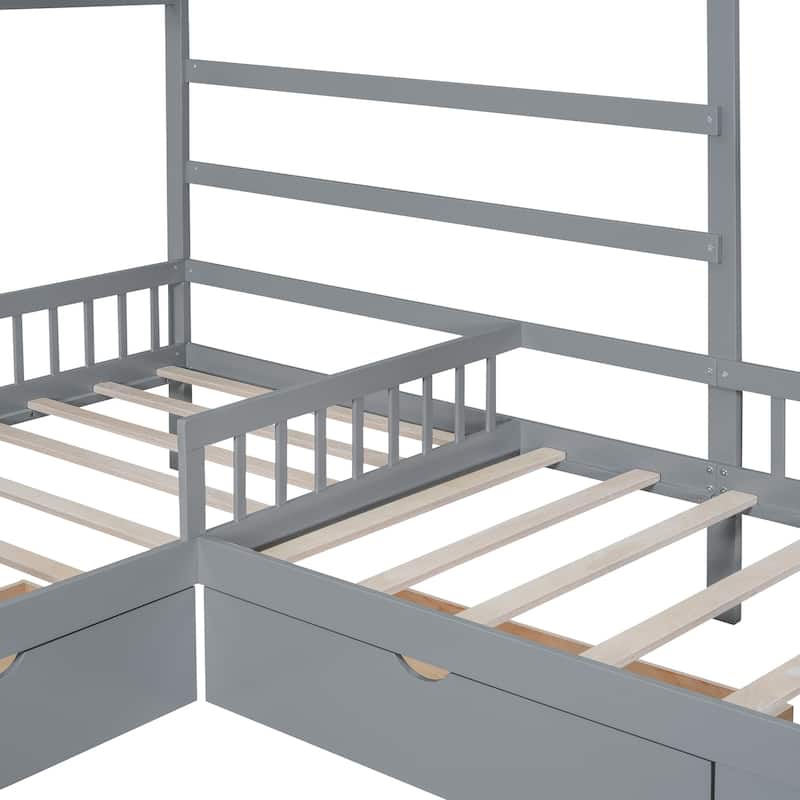 Twin Size House Bed Wood L-Shaped Platform Bed with 3 Storage Drawers