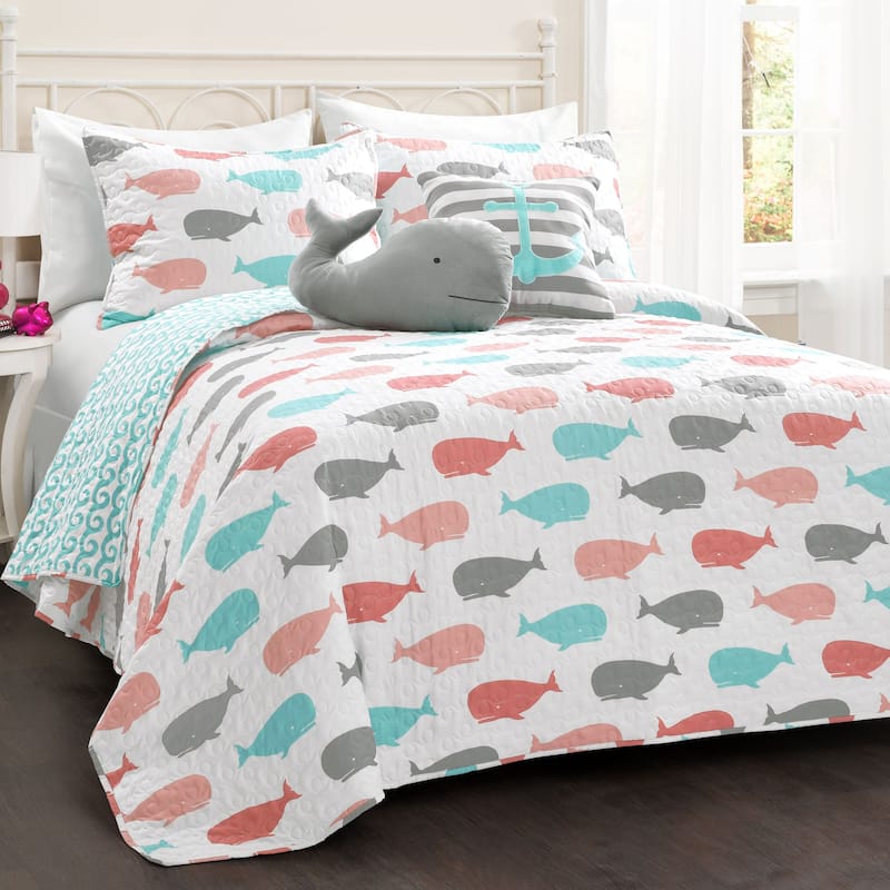 Taylor & Olive Lums Whale Print 5-piece Quilt Set - Pink & Aqua - Twin